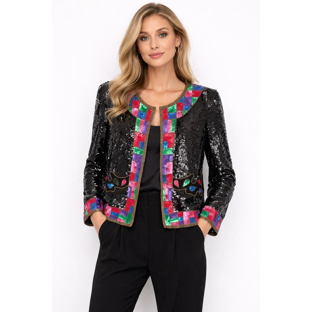 1980s Pinky Creations Silk Sequin Jacket Black,Pink & red size Medium